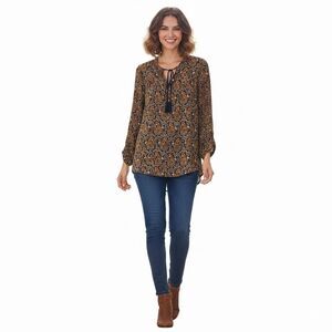 Dr2 Brown Paisley Print Tassel Tie Long Sleeve Blouse